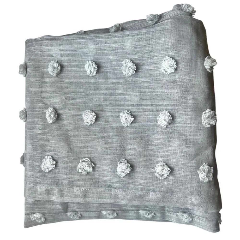 Textured Lightweight Gray Curtain Panel With Woven Pom-Pom Design 96X50 Weighted